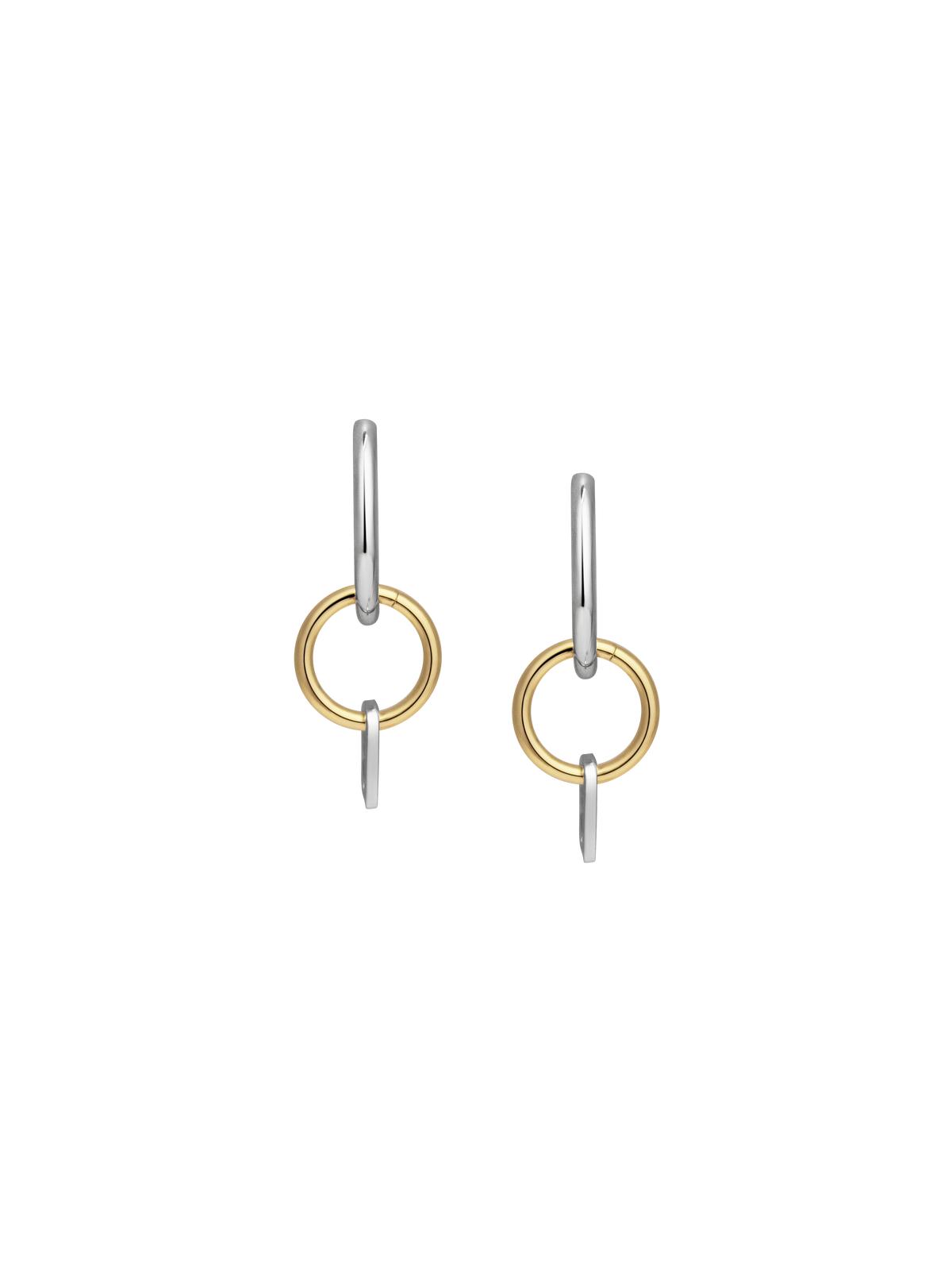 Front view of Laura Lombardi Two Tone Passa Earrings, medium silver hoops with a gold circular charm and a silver oval charm.