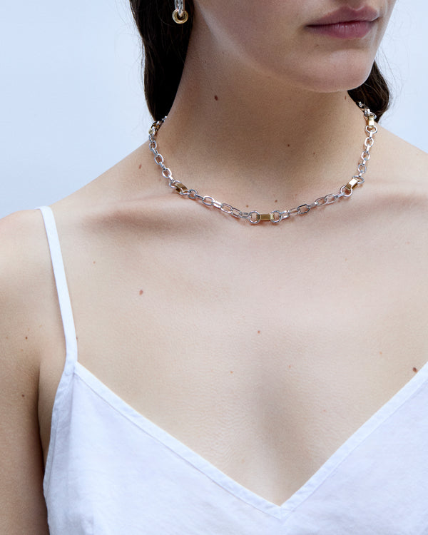 Model wearing Laura Lombardi Two Tone Centa Necklace