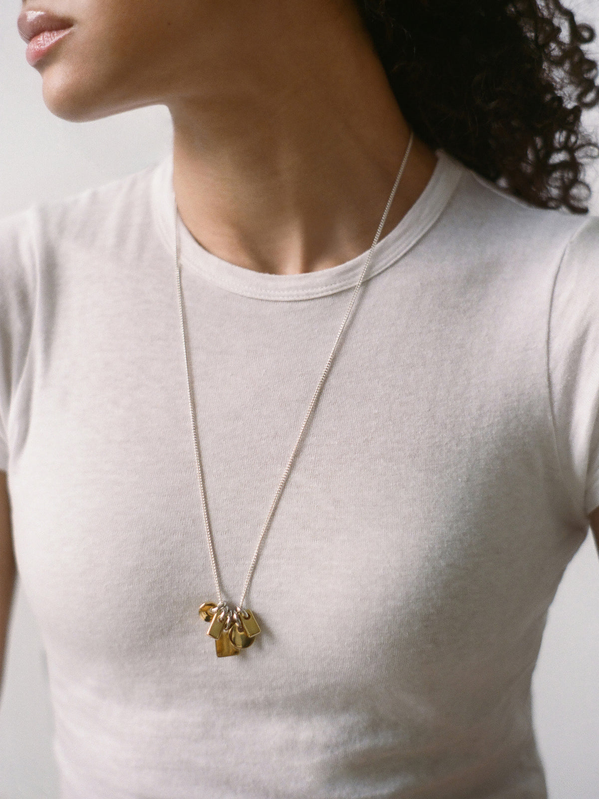 Model wearing a necklace with gold and silver pendants on a sterling silver chain overtop a neutral background.