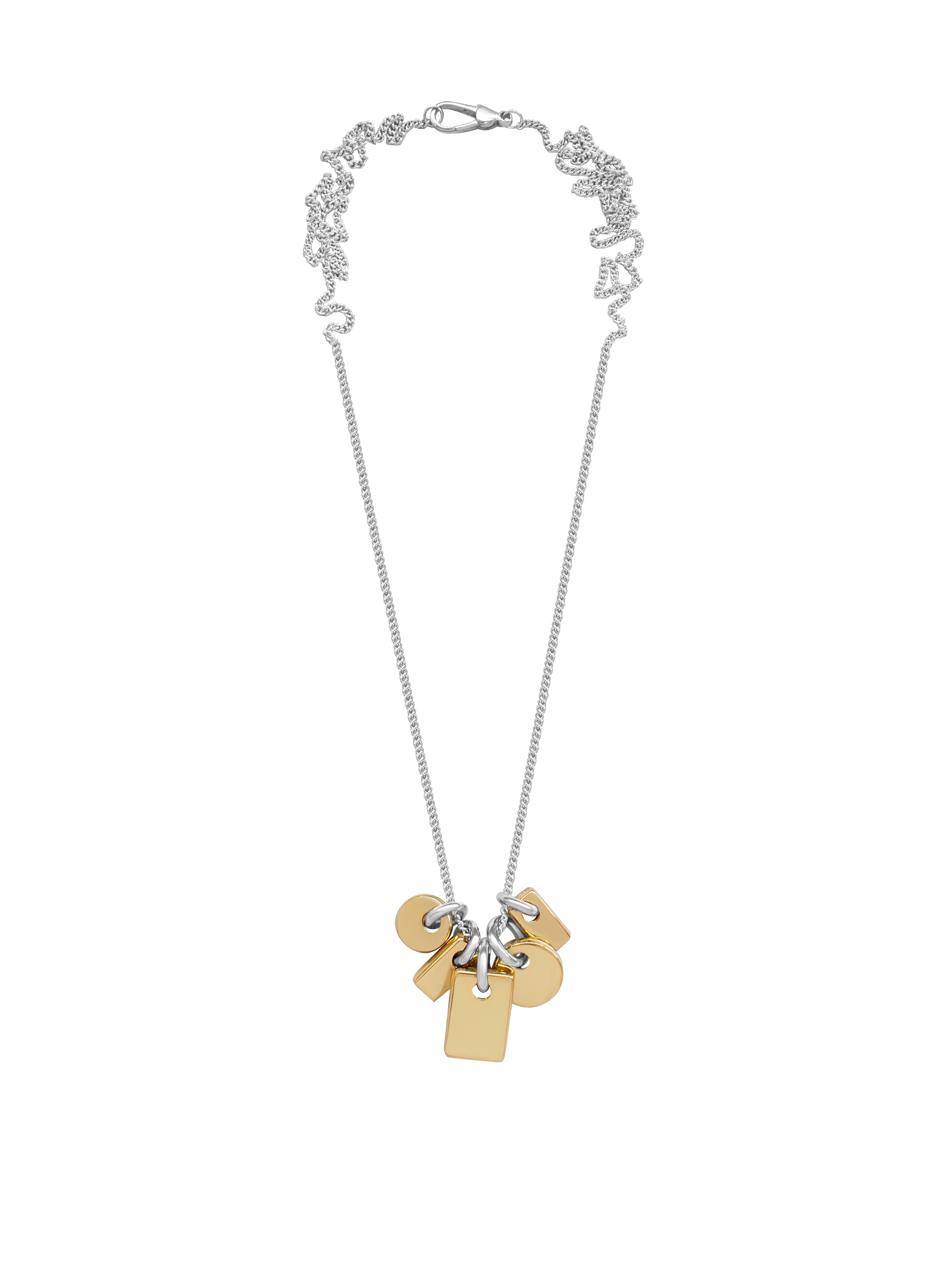 Necklace with gold and silver pendants on a sterling silver chain overtop a neutral background.