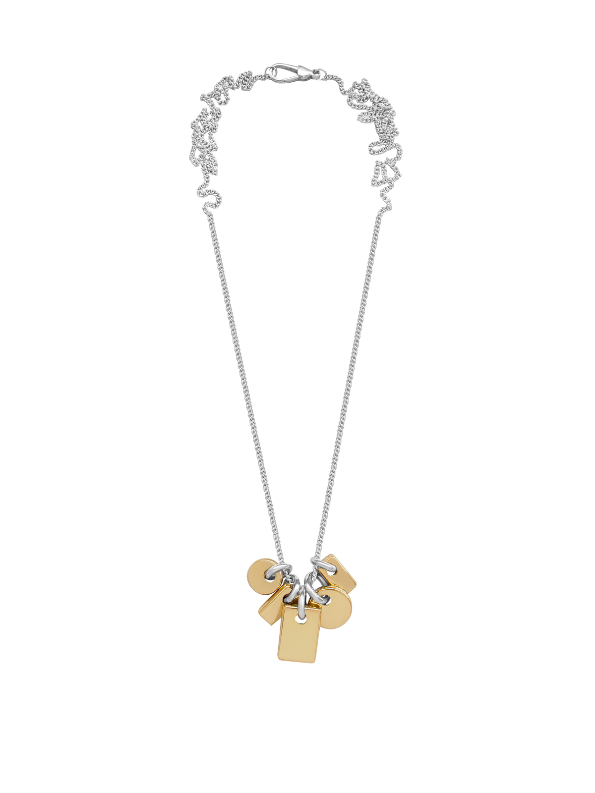 Necklace with gold and silver pendants on a sterling silver chain overtop a neutral background.