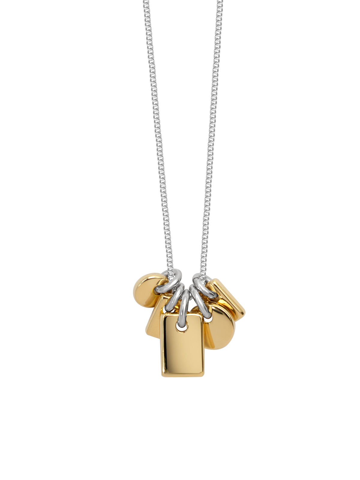 Necklace with gold and silver pendants on a sterling silver chain overtop a neutral background.