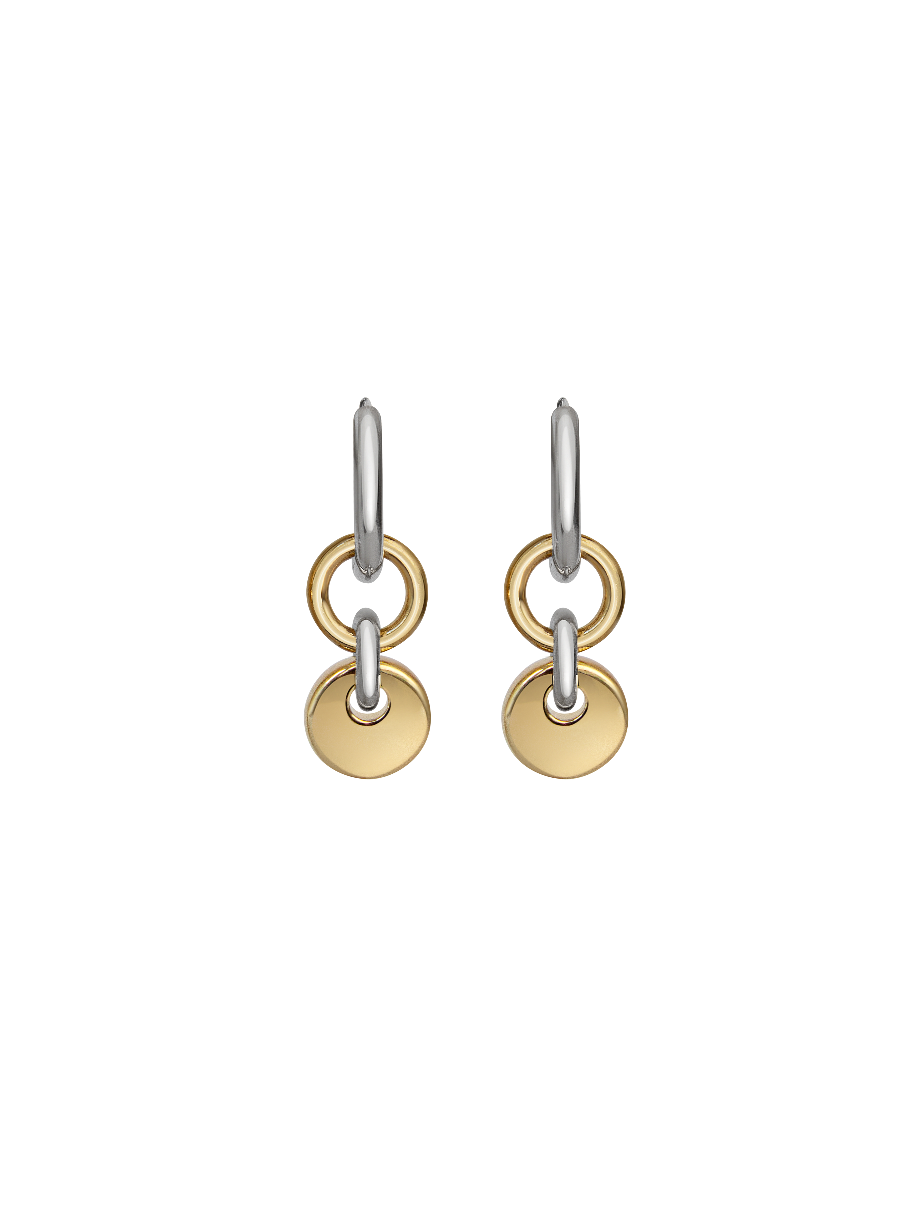 Pair of silver hoops with gold rectangular charms on a neutral background.