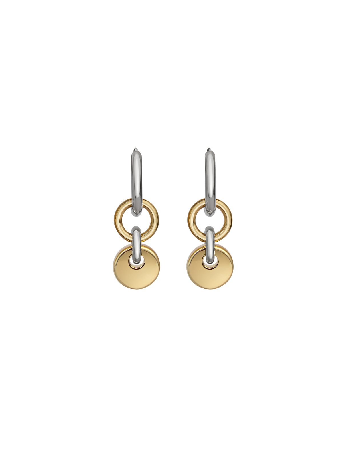 Pair of silver hoops with gold rectangular charms on a neutral background.