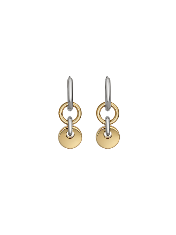 Pair of silver hoops with gold rectangular charms on a neutral background.