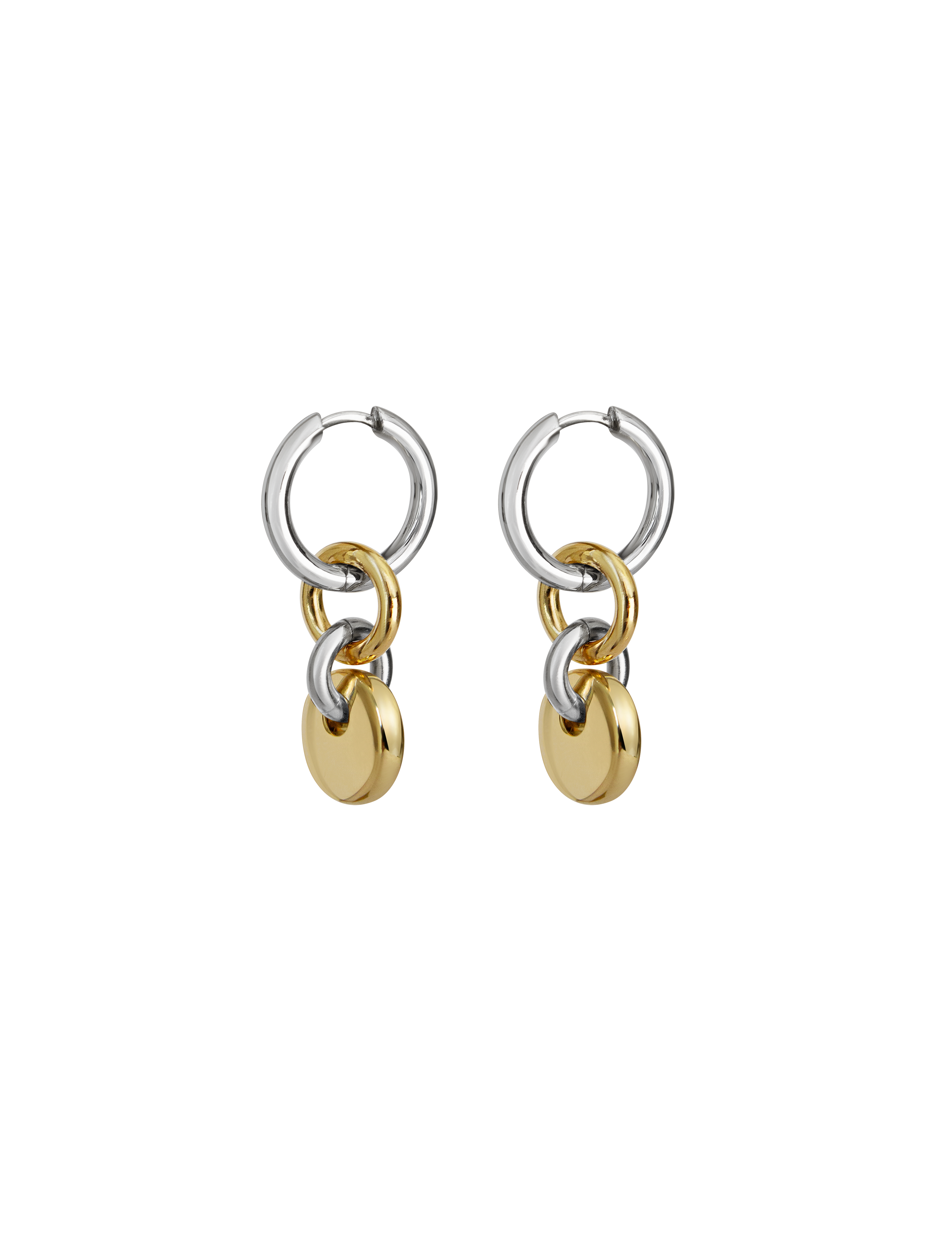 Pair of silver hoops with gold rectangular charms on a neutral background.