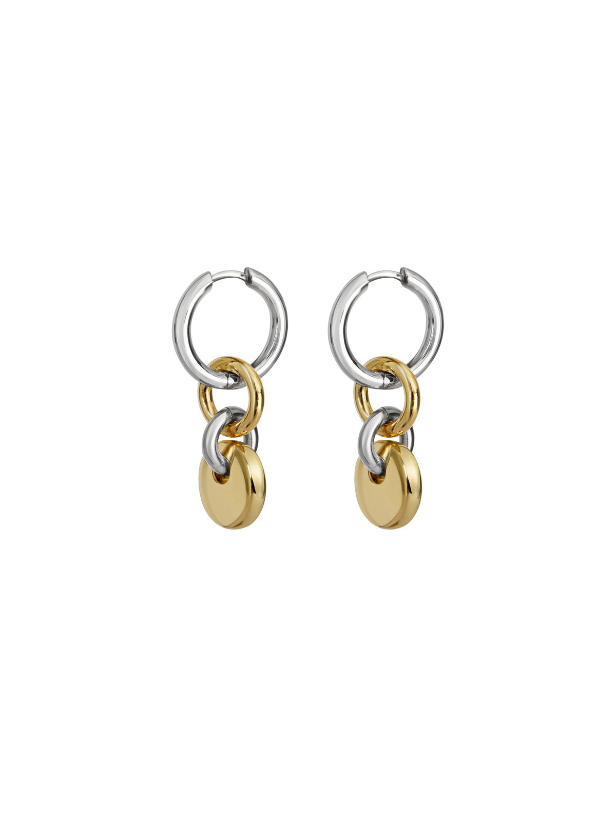 Pair of silver hoops with gold rectangular charms on a neutral background.
