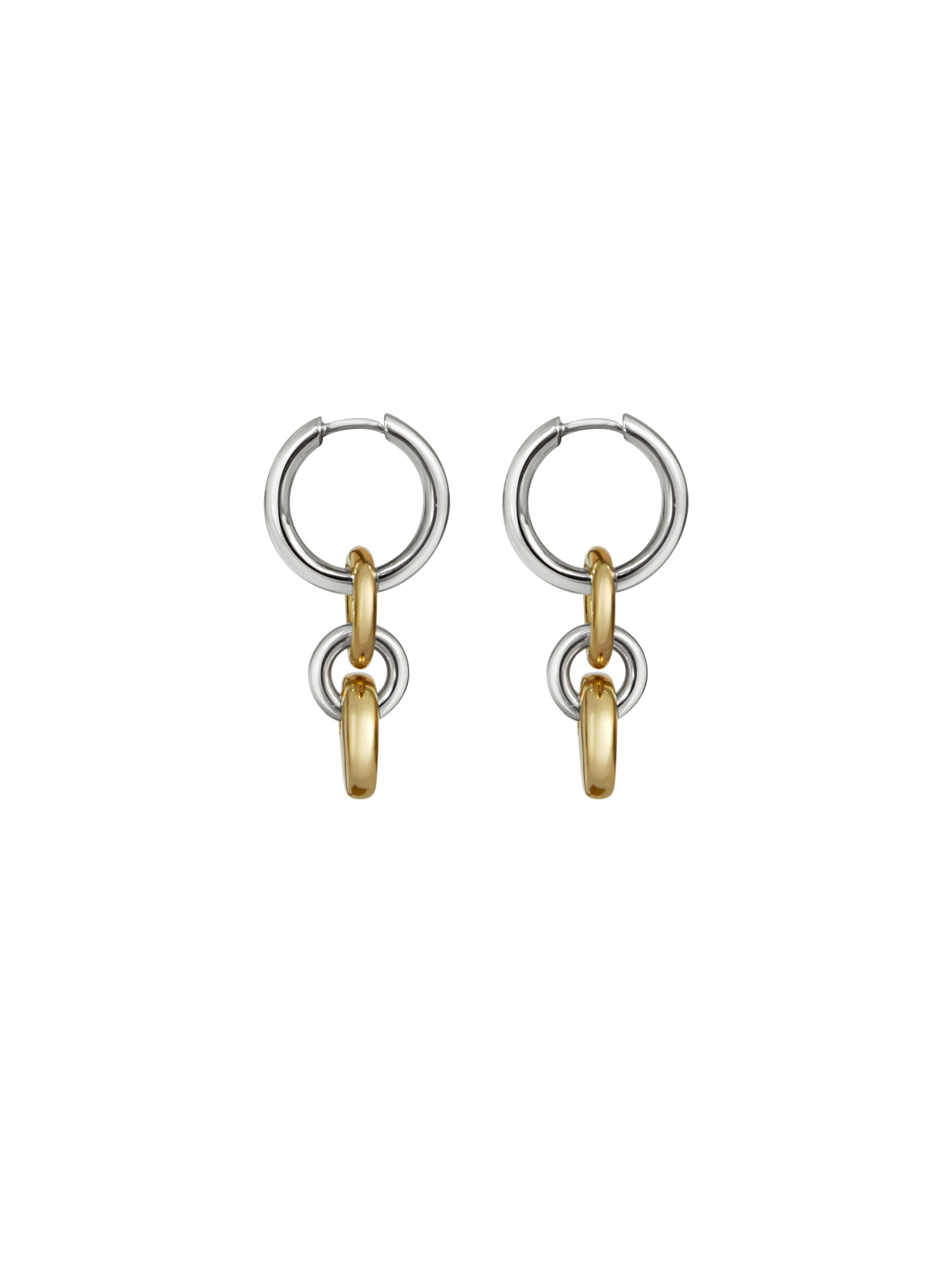 Pair of silver hoops with gold rectangular charms on a neutral background.