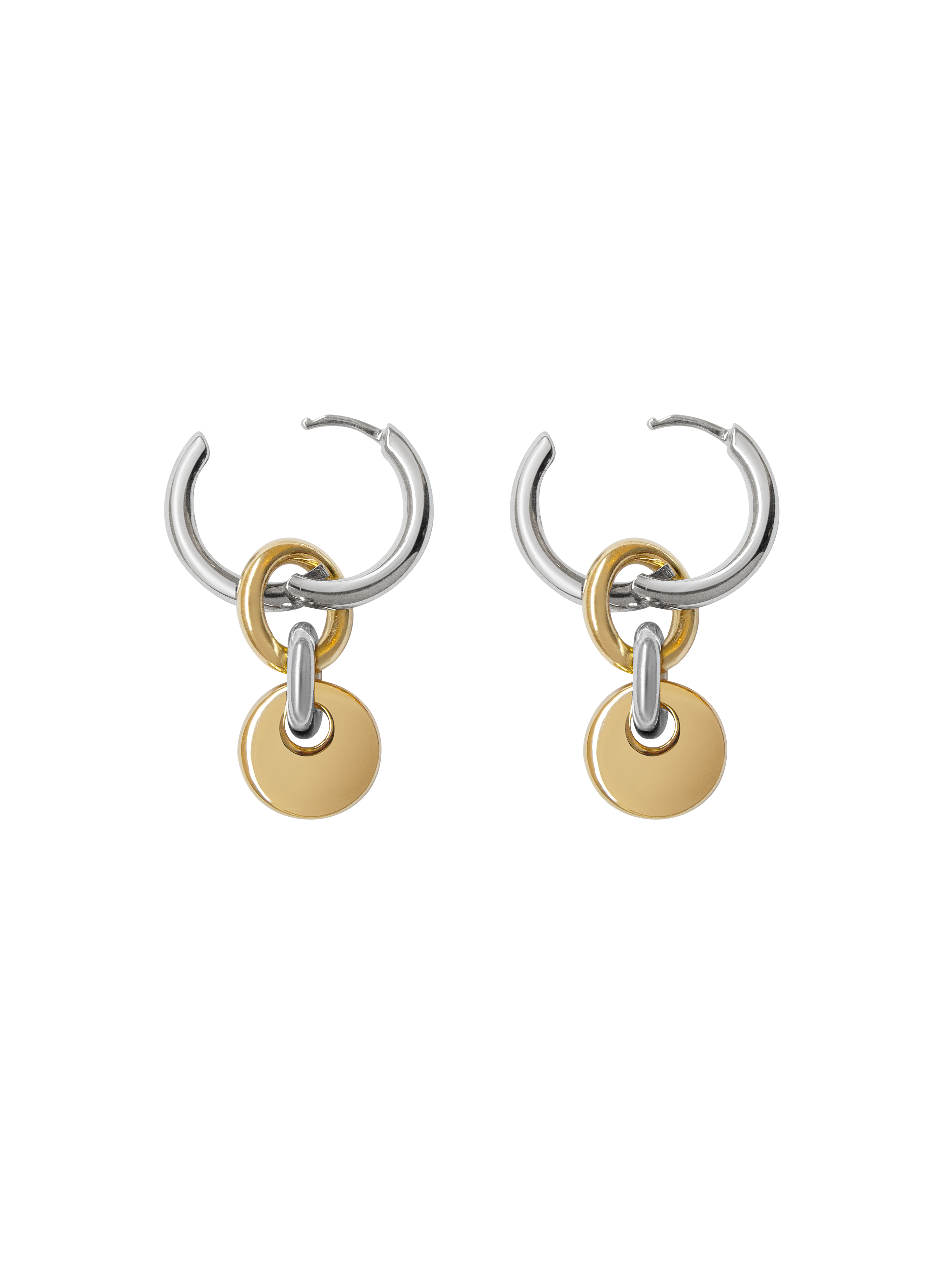 Pair of silver hoops with gold rectangular charms on a neutral background.