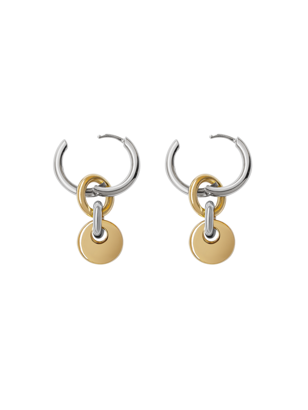 Pair of silver hoops with gold rectangular charms on a neutral background.