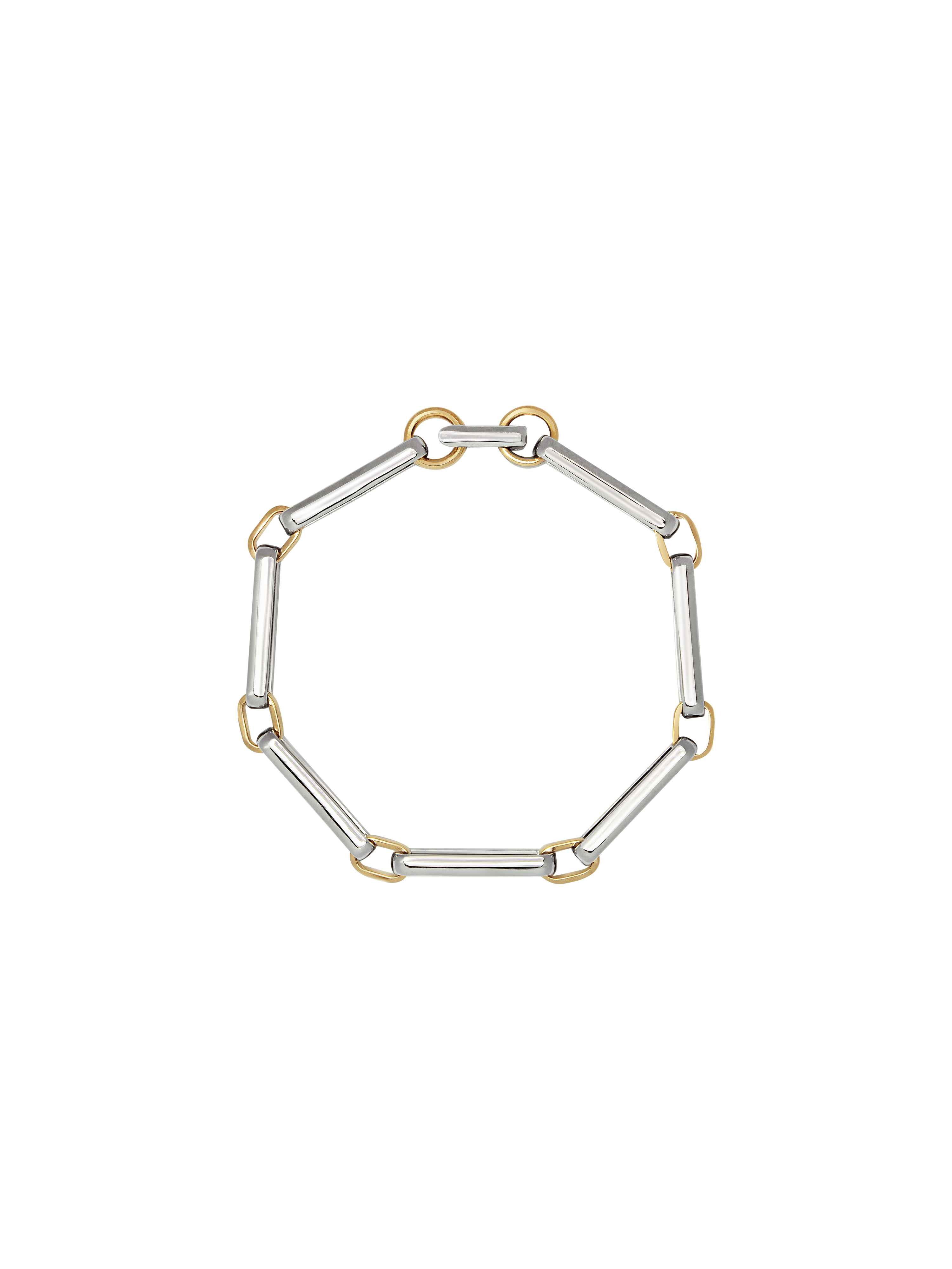 A two-tone chain link bracelet featuring silver-toned rectangular links and gold-toned square accents, arranged in a circular shape on a transparent background.