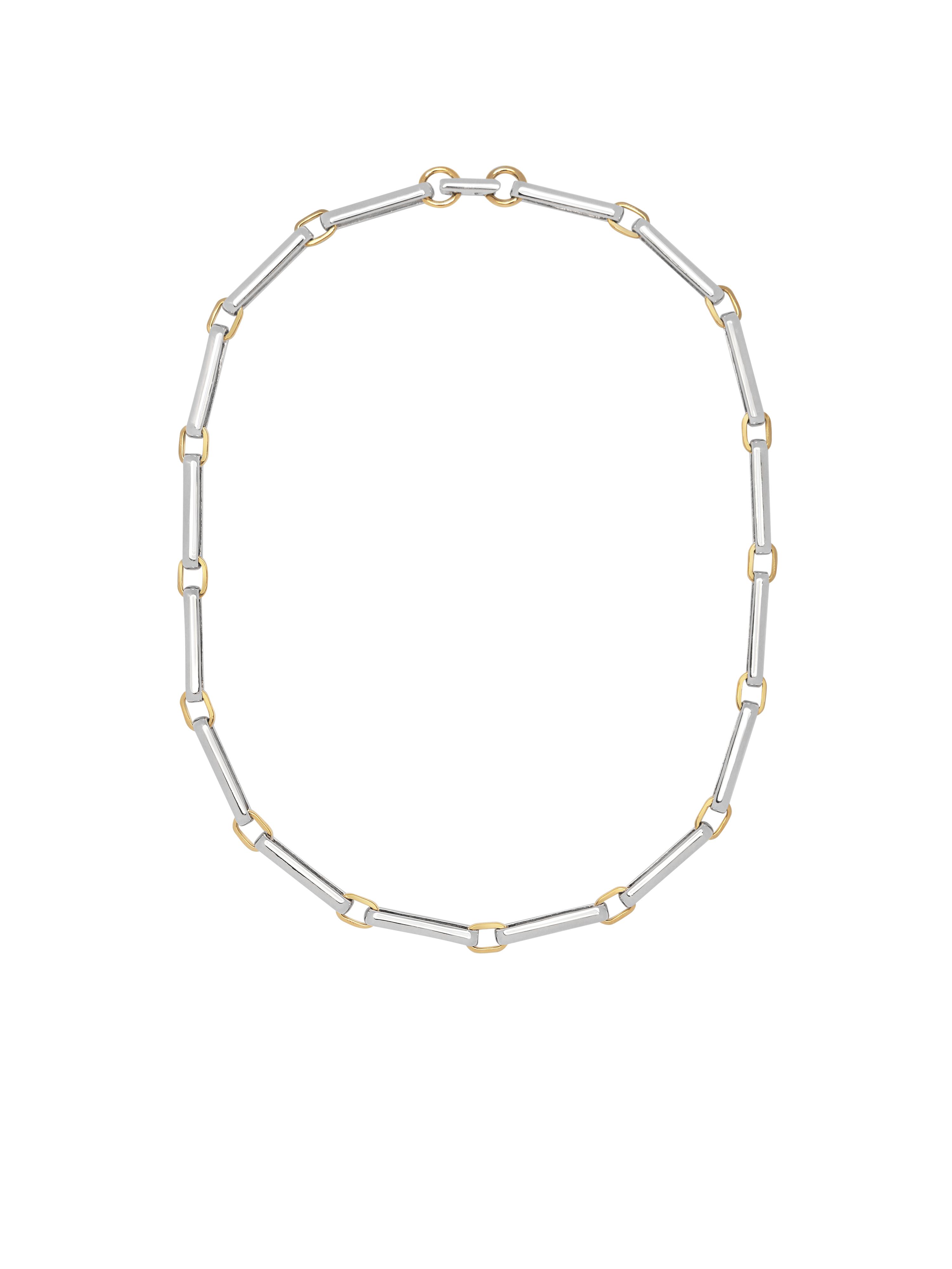 A two-tone chain link necklace featuring silver-toned rectangular links and gold-toned square accents, arranged in a circular shape on a transparent background.