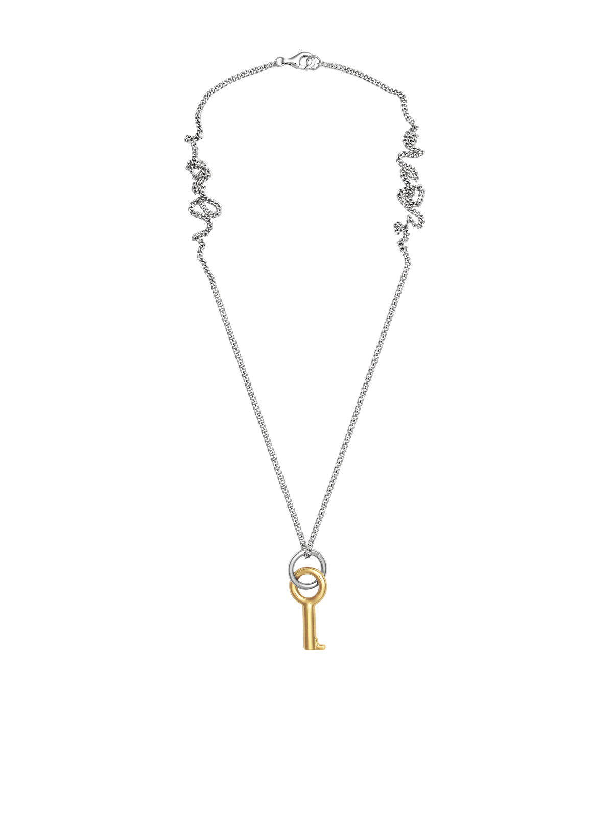 Laura Lombardi Two Tone Entra Necklace, a silver chain necklace featuring a gold key-shaped pendant on a small silver ring, displayed on a neutral background.