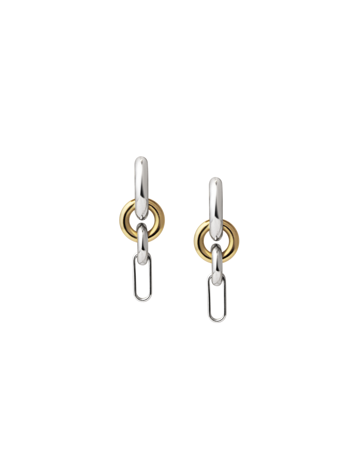 A pair of Two Tone Frena Earrings, silver hoop earrings with a dangling gold and silver chain link design, shown on a neutral background.