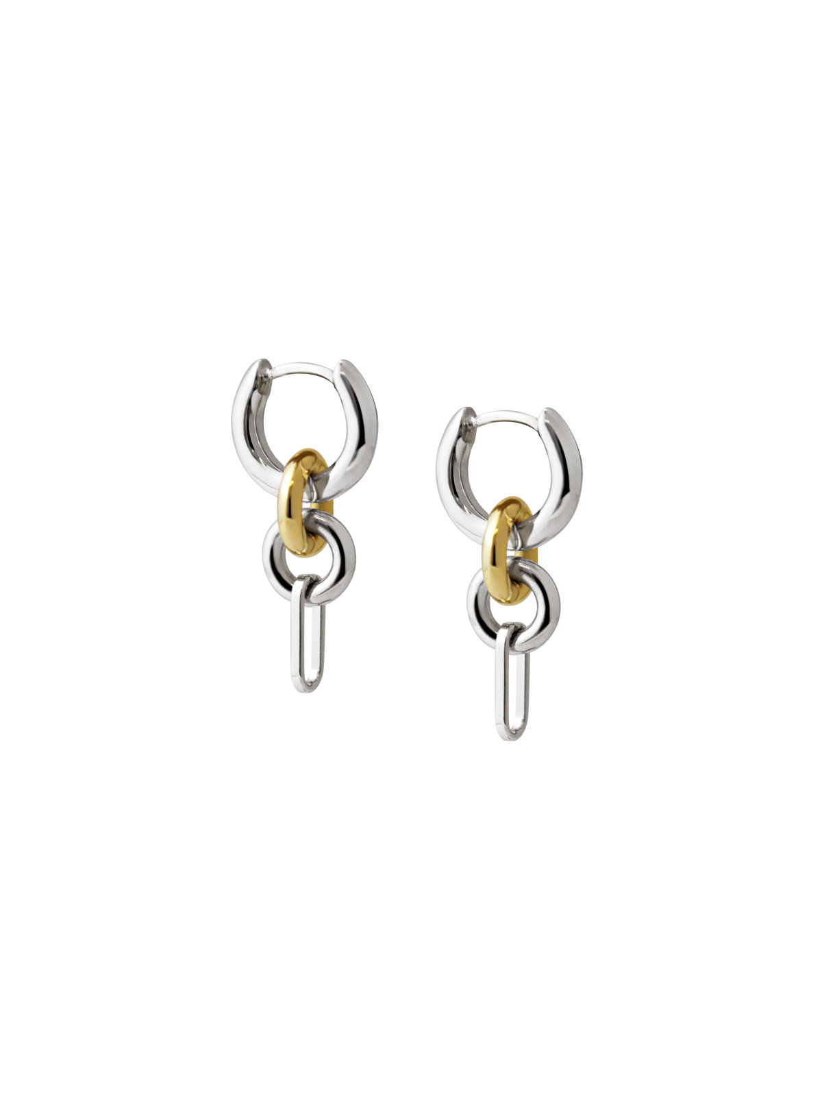 A pair of Two Tone Frena Earrings, silver hoop earrings with a dangling gold and silver chain link design, shown on a neutral background.