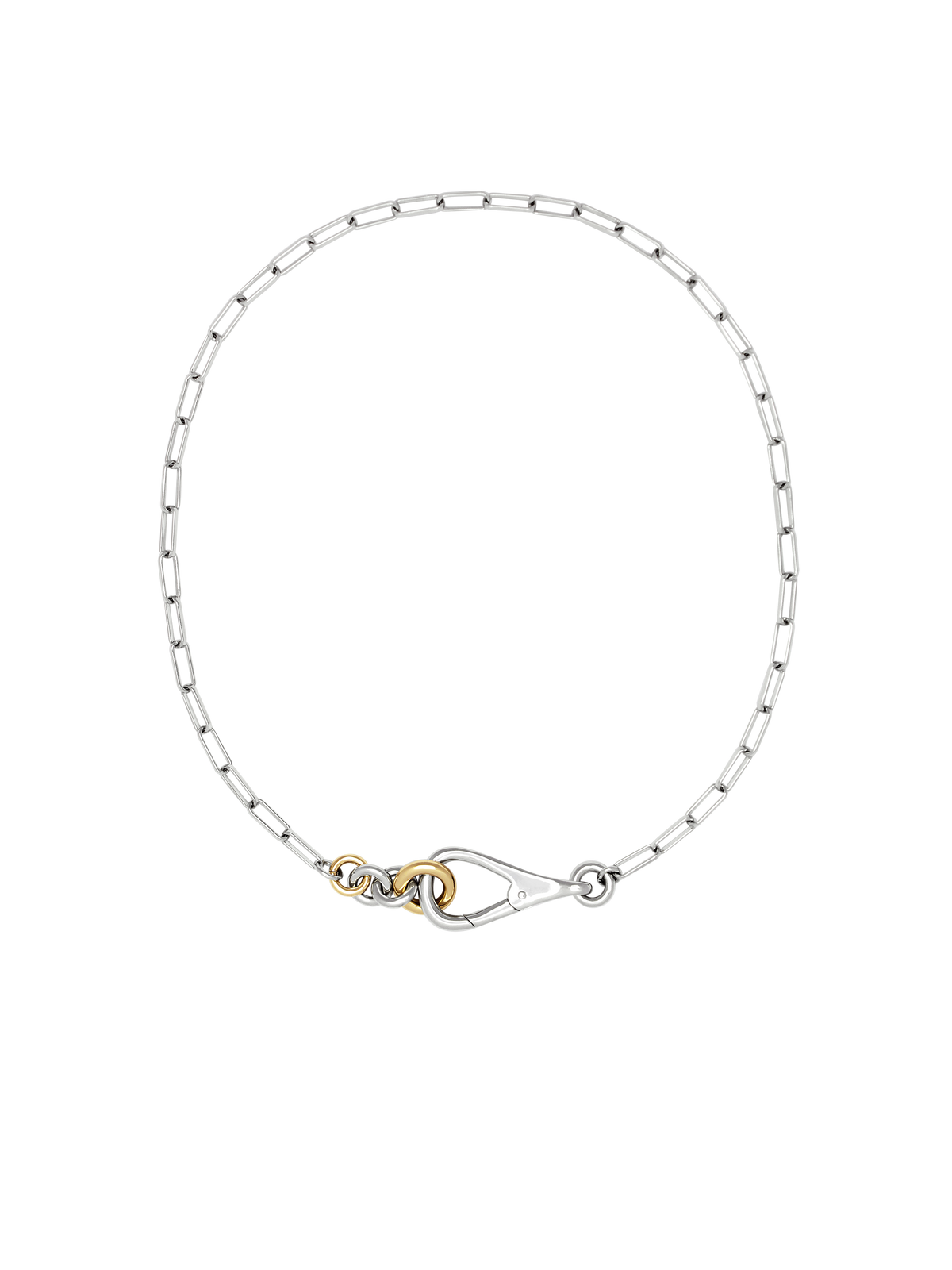 Two Tone Frena Necklace, a silver-toned oval chain necklace with a silver toggle clasp and gold jump ring, displayed on a neutral background.