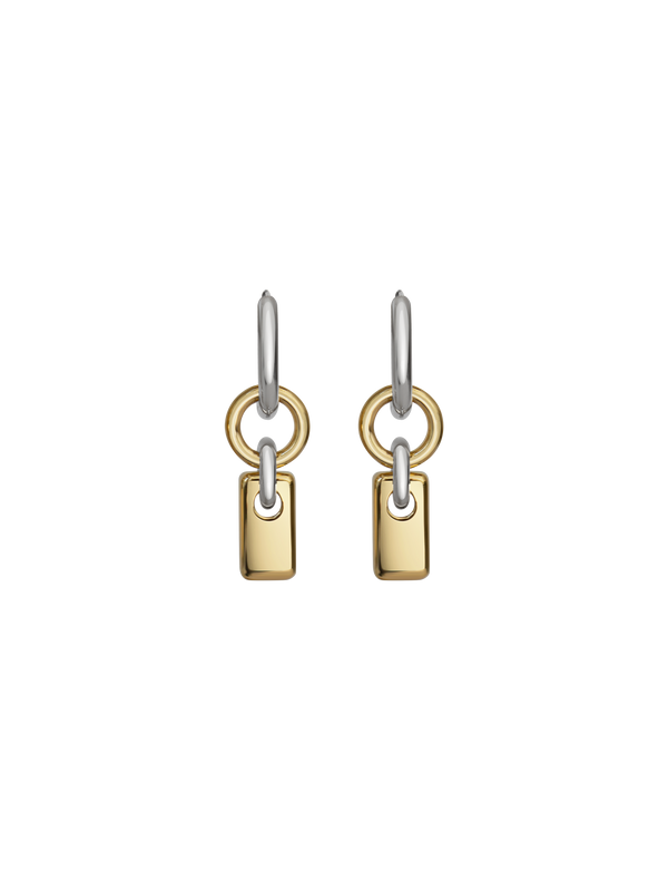 Pair of silver hoops with gold rectangular charms on a neutral background.