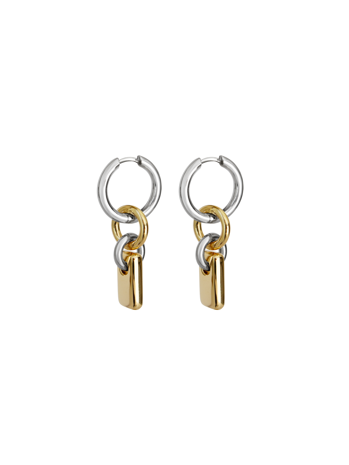 Pair of silver hoops with gold rectangular charms on a neutral background.