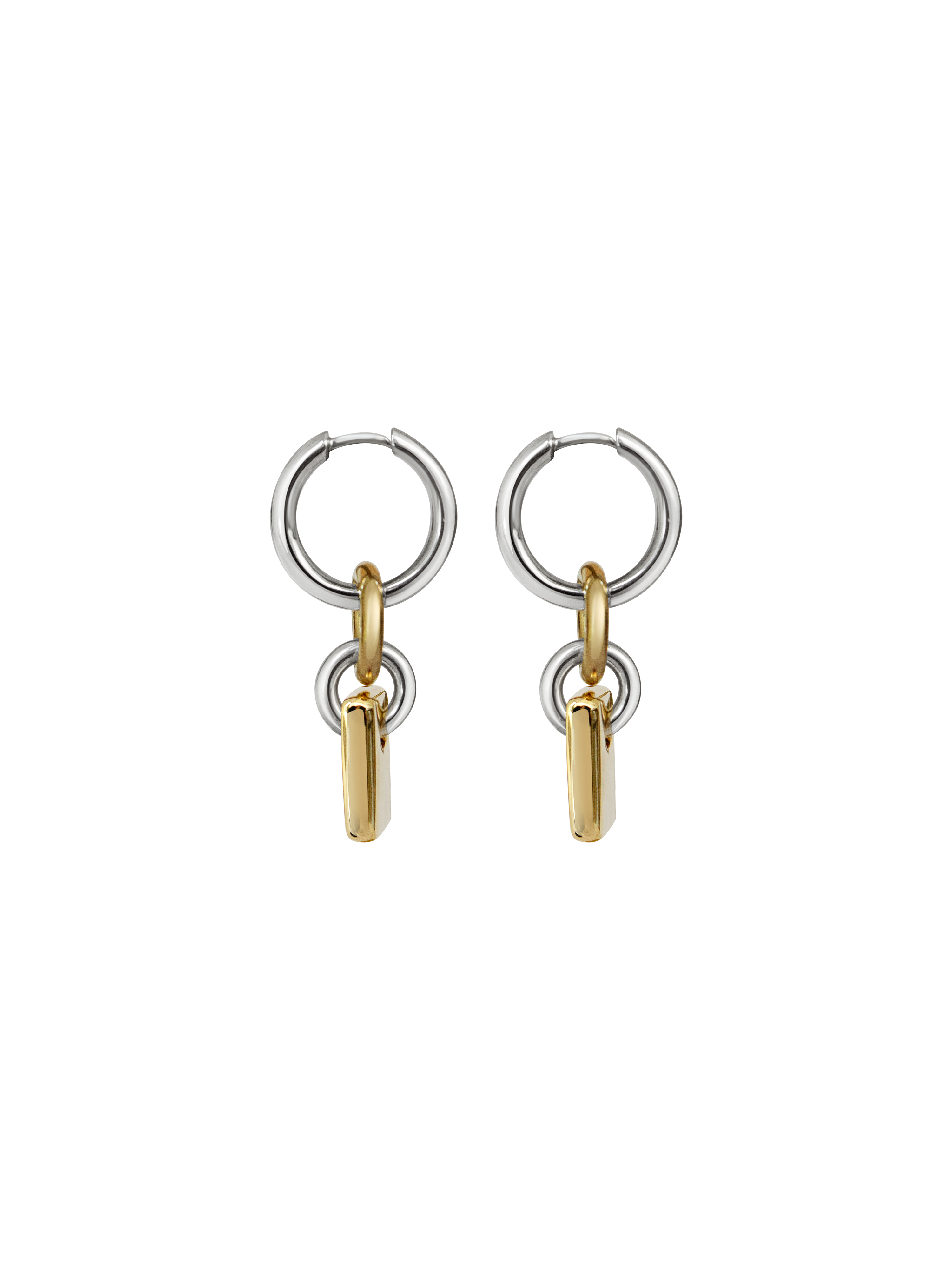 Pair of silver hoops with gold rectangular charms on a neutral background.