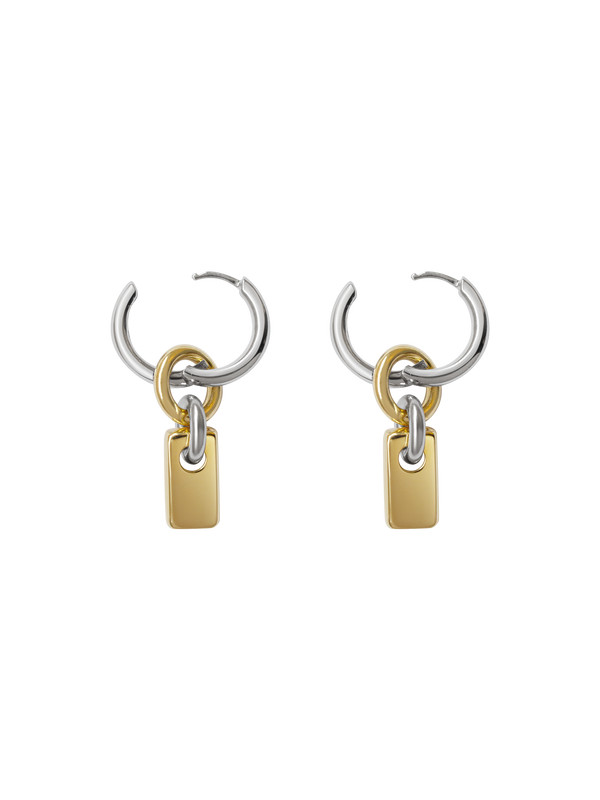 Pair of silver hoops with gold rectangular charms on a neutral background.