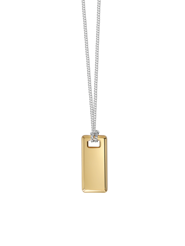 Gold rectangular pendant on a sterling silver chain against a neutral background.