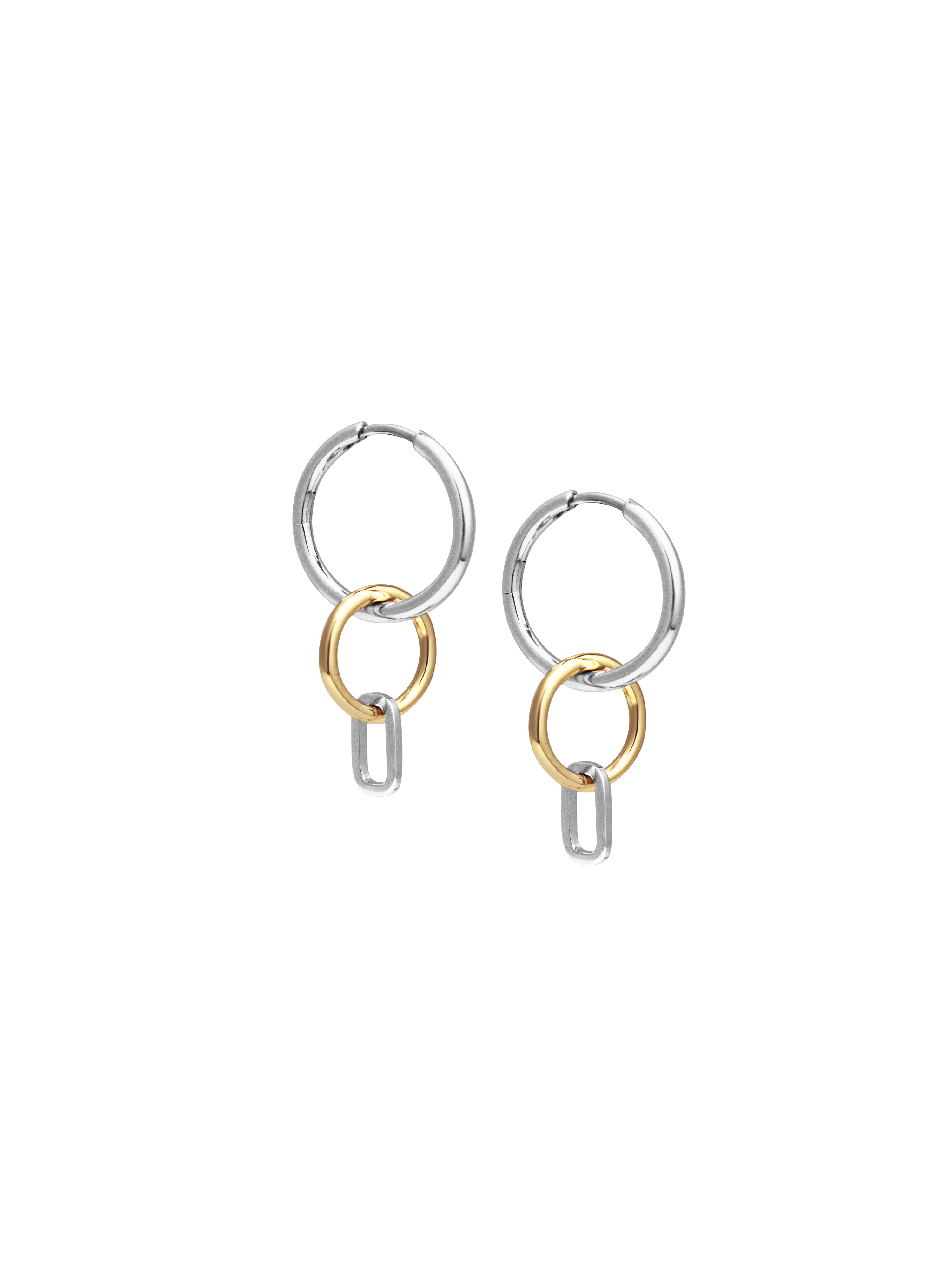 Side view of Laura Lombardi Two Tone Passa Earrings, medium silver hoops with a gold circular charm and a silver oval charm.