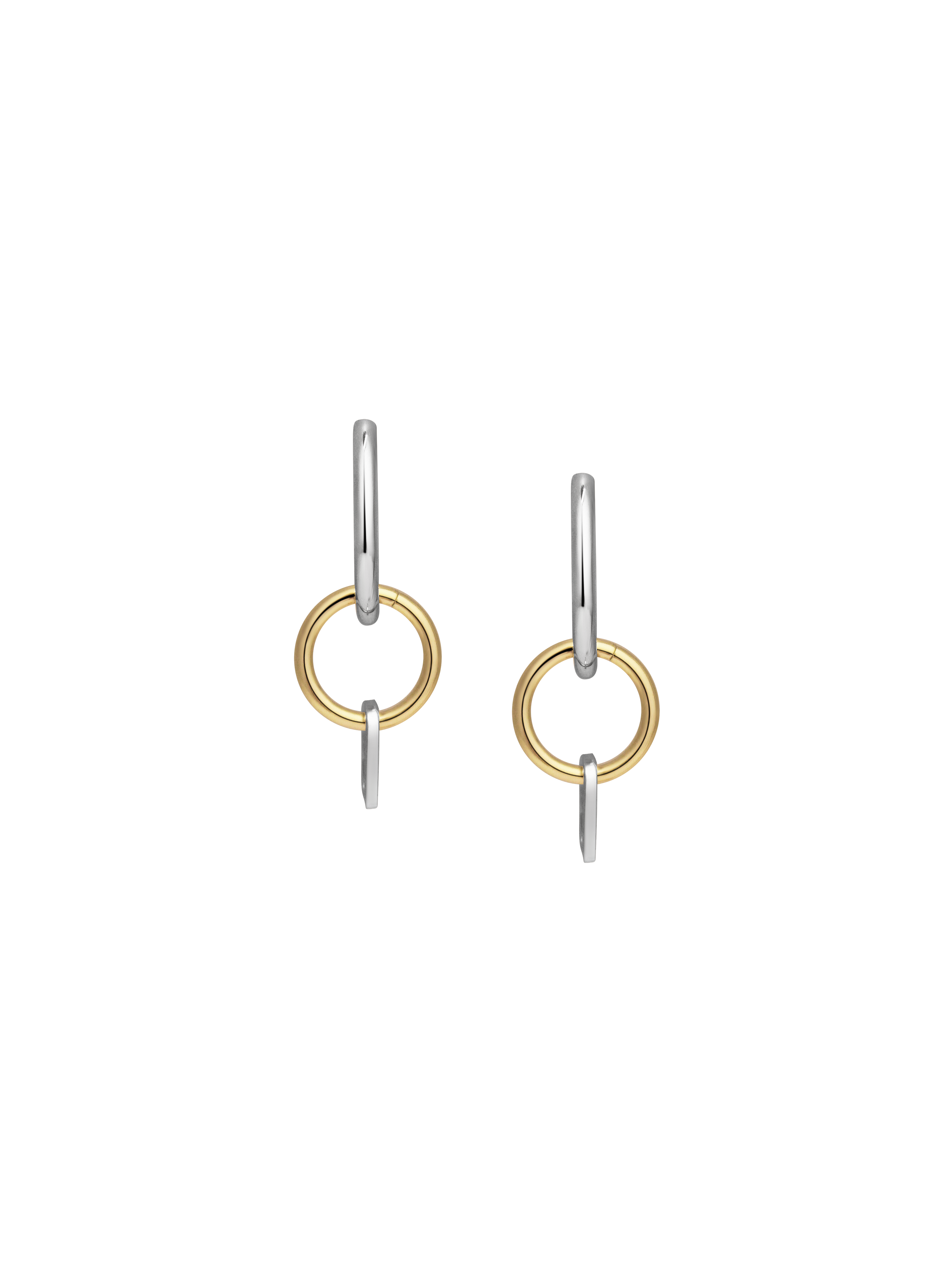Front view of Laura Lombardi Two Tone Passa Earrings, medium silver hoops with a gold circular charm and a silver oval charm.