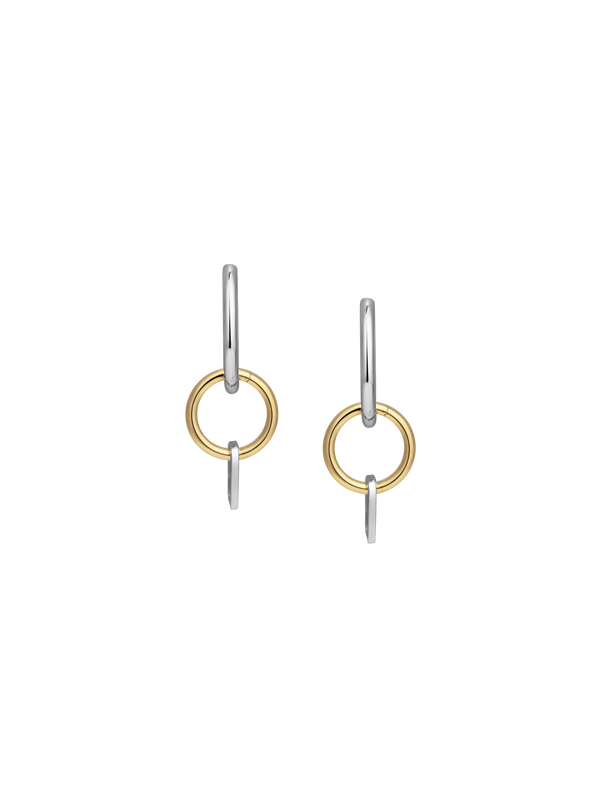Front view of Laura Lombardi Two Tone Passa Earrings, medium silver hoops with a gold circular charm and a silver oval charm.