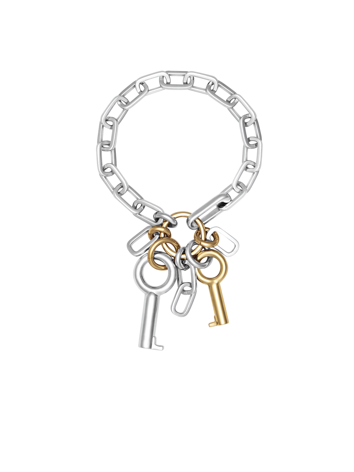 Laura Lombardi Permesso Bracelet, a silver chain bracelet with hanging keys and  chains in mixed silver and gold finishes, isolated on a white background.
