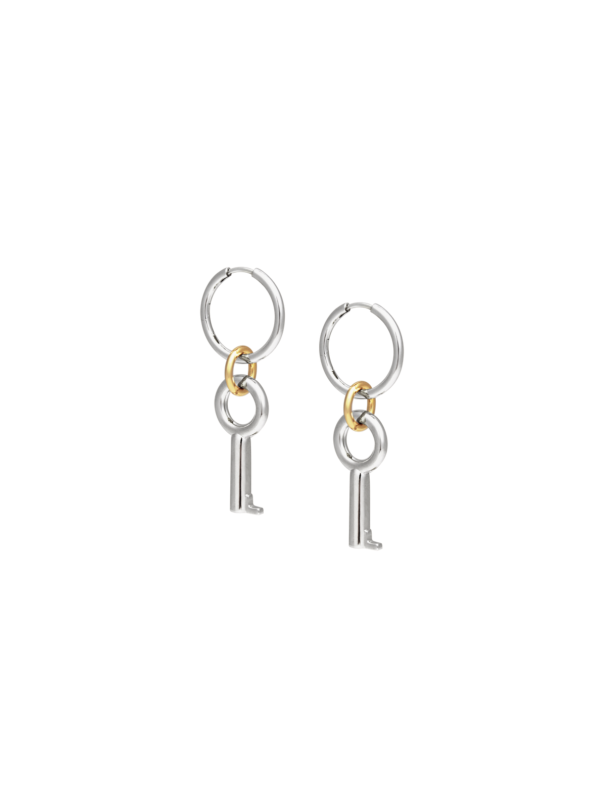Laura Lombardi Permesso Earrings, a pair of silver hoop earrings with key-shaped charms and small gold rings connecting the hoops, shown on a plain white background.