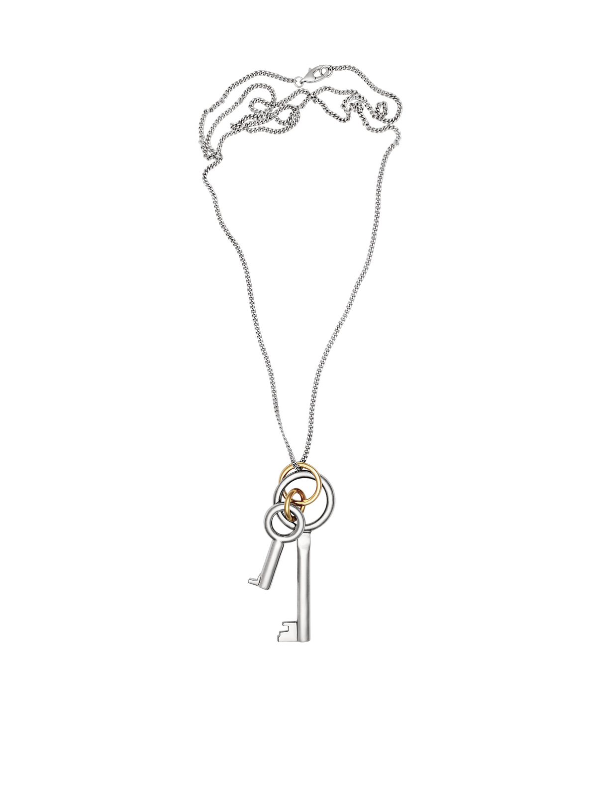 Laura Lombardi Permesso Necklace, a silver-toned key pendant necklace with a large and small silver key charm and gold accent ring, shown on a plain background.