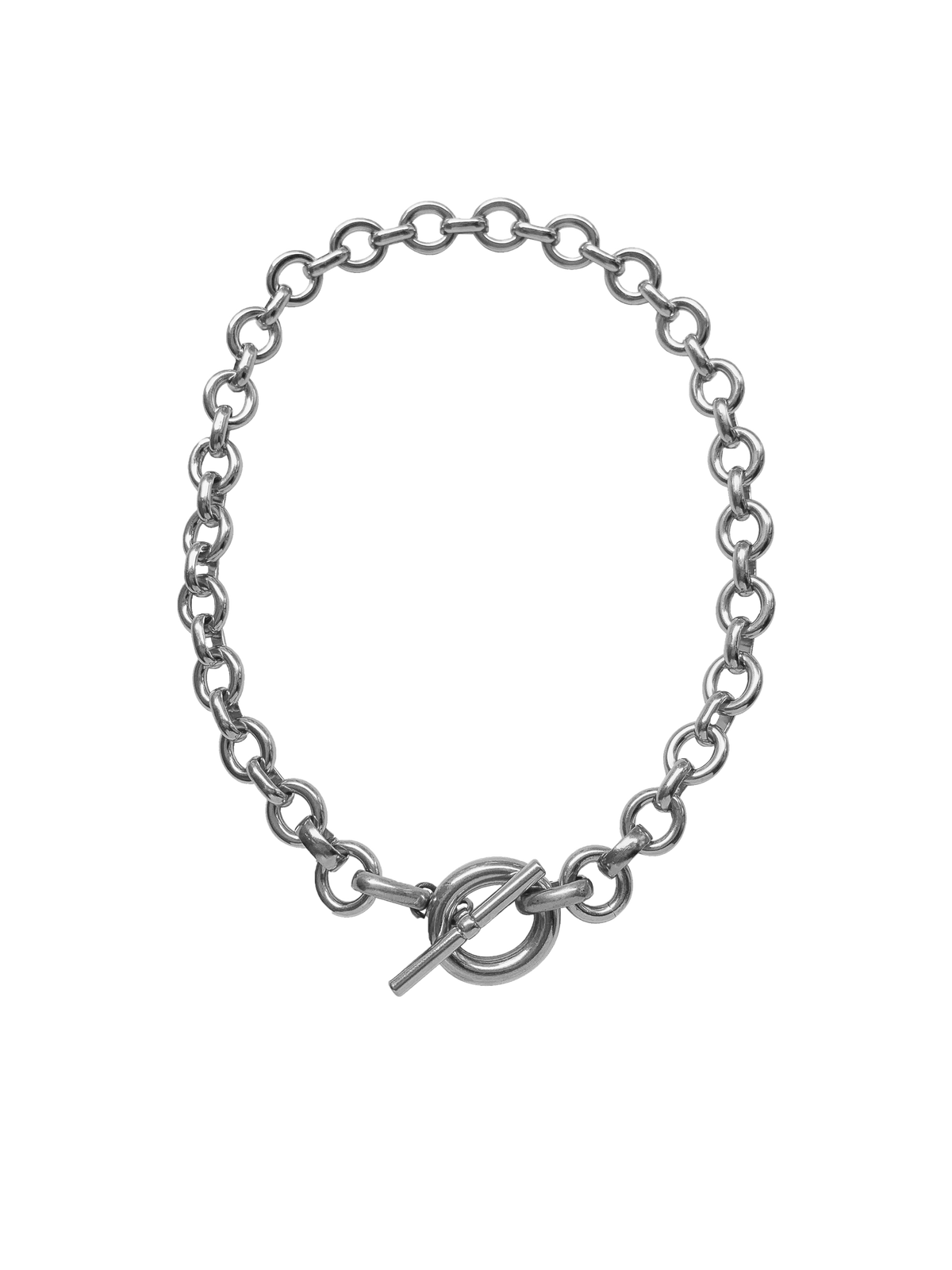 Silver chain necklace with a toggle clasp on a neutral background.